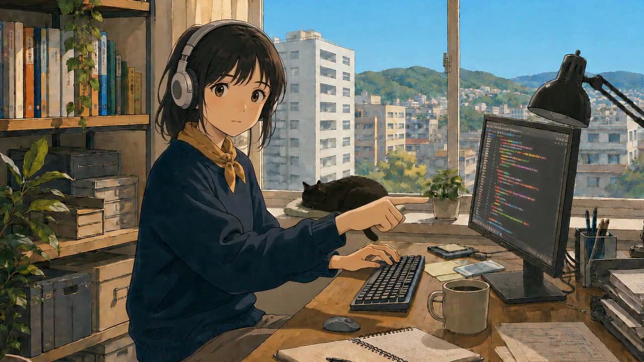 Yuki looking up from her keyboard toward you