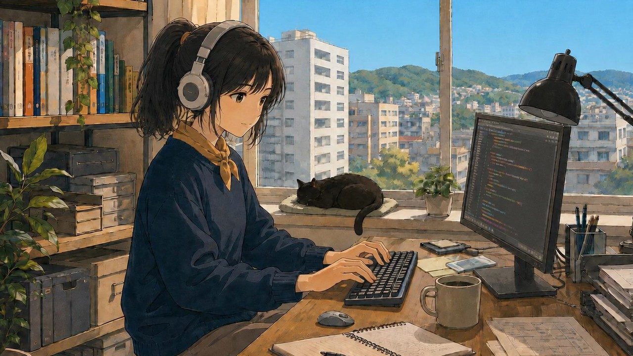 Yuki at her desk, headphones on, typing while her agent works